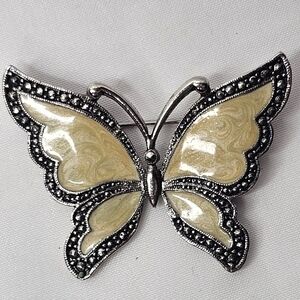 Butterfly Cream Enamel & Marcasite Brooch Pin Silver Tone Costume Jewelry
